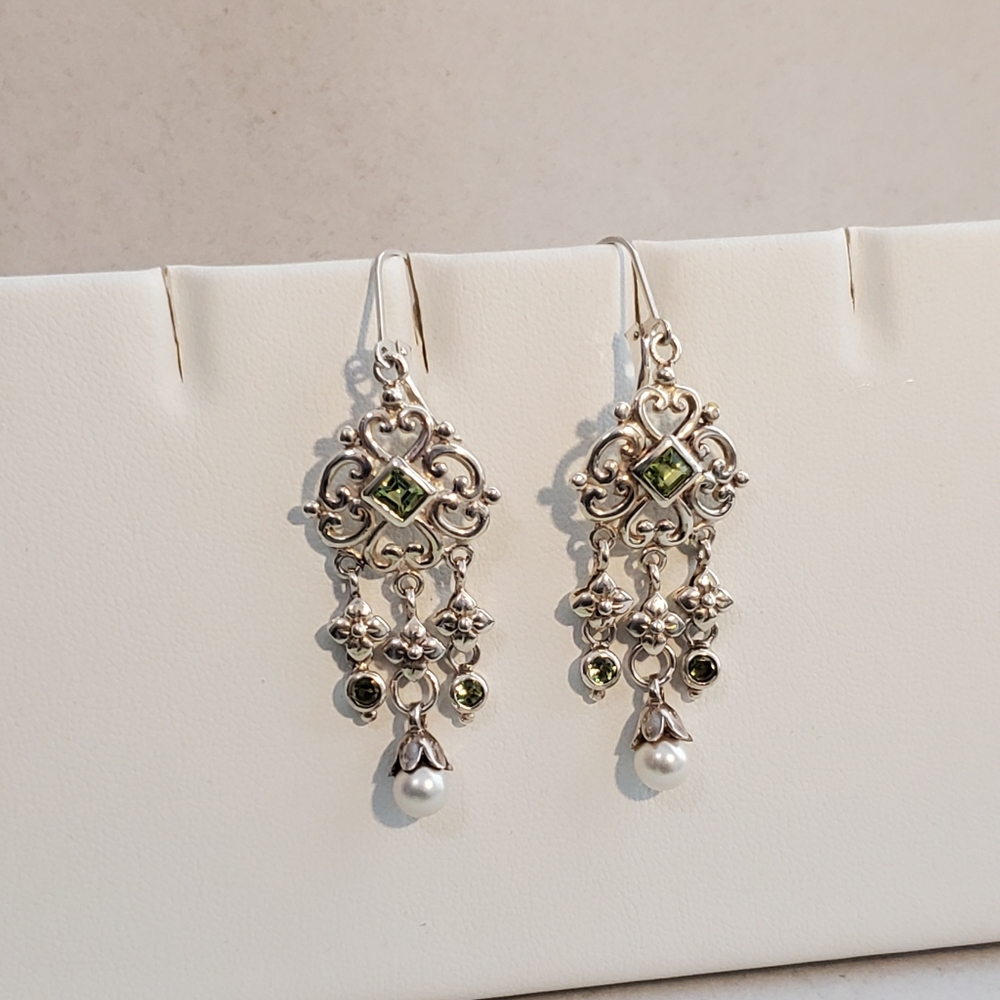 Sterling Silver Chandelier Earrings with Peridots and Pearls - Picture 12 of 16
